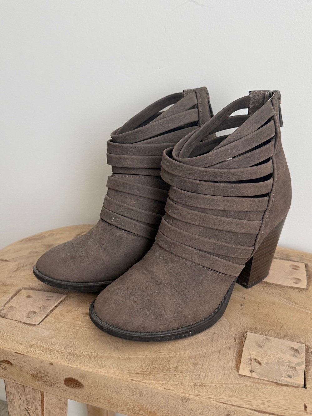 Women's Taupe Strappy Suede Ankle Bootie